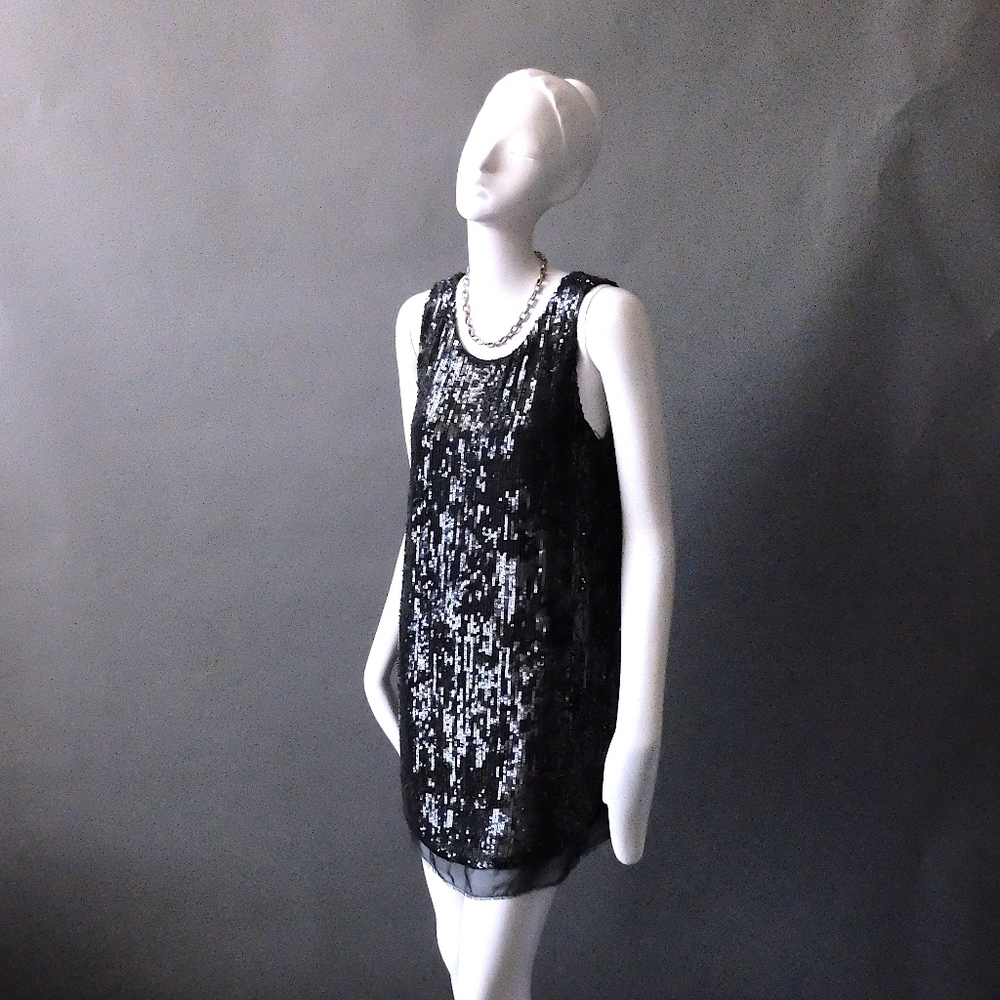 Y2K Black Sequin Cocktail Dress Mod Mini S